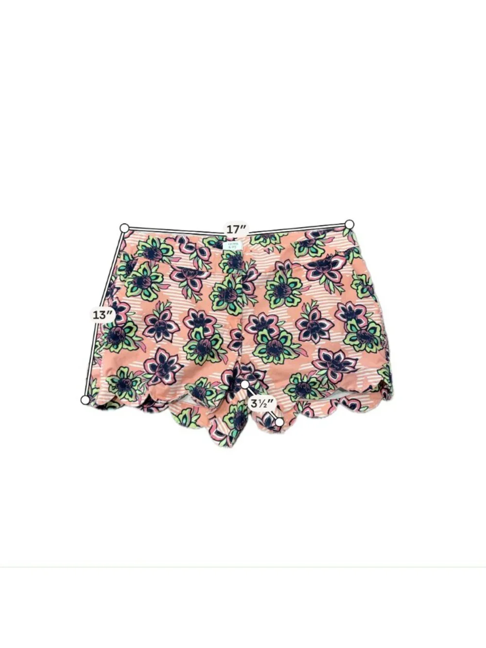 Crown & Ivy 12 Floral Scalloped Hem Shorts Stretch Peach Green Whimsical Preppy